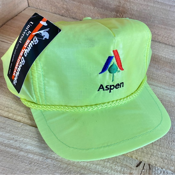 Vintage Aspen Skiing Company Bump Bonnets made by Universal Neon Yellow Velcro - Picture 3 of 8